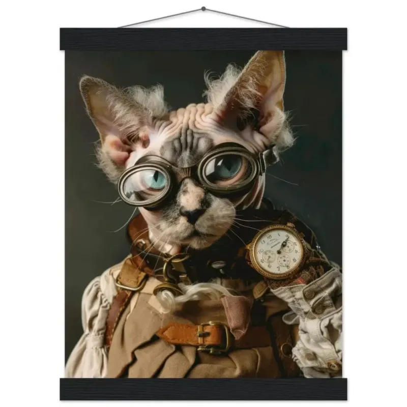 Schoolposter - Devon-Rex-Katze, sandfarbener Mantel, Lederakzente, goldene Taschenuhr | St Tropez Art