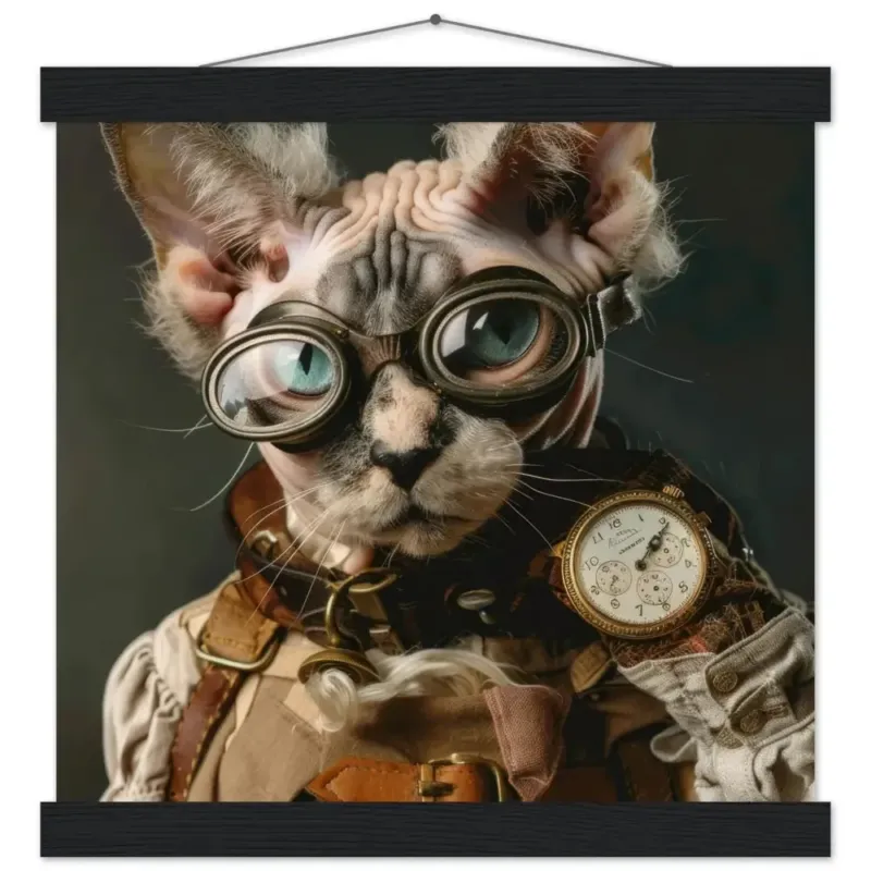 Schulposter - Steampunk-Vintage Devon-Rex Katzenmotiv, mattes FSC-Papier, magnetische Holzleisten | St Tropez Art