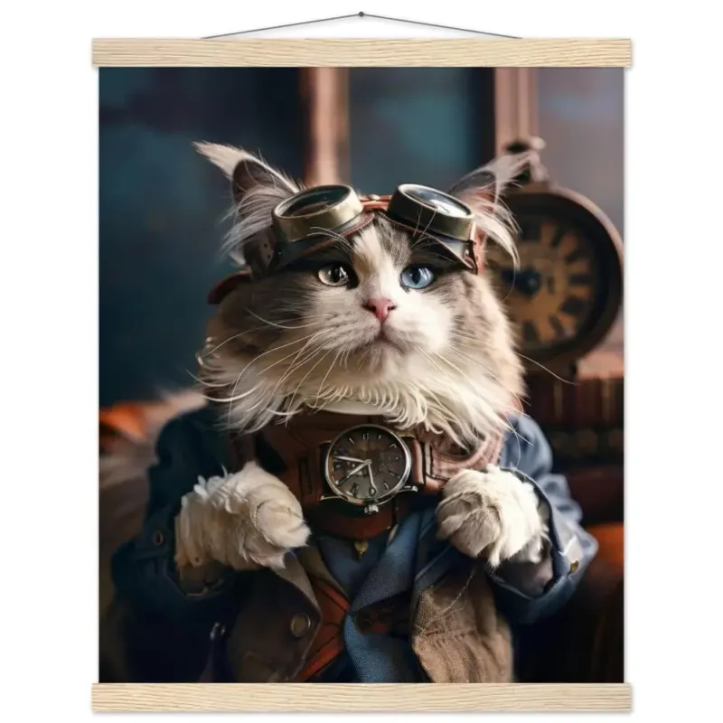 Schoolposter - Australian Mist Katze, Steampunk-Outfit, mattes Papier, Magnet-Holzleisten | St Tropez Art