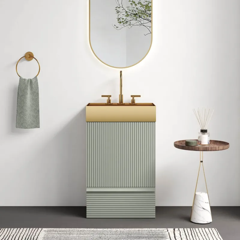 20 inch striped green bathroom vanity with brushed gold stainless steel sink modern design