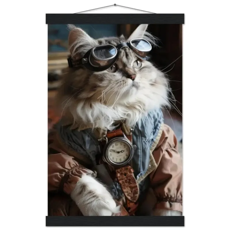 Schoolposter - Ragamuffin-Katze, blau-grauer Mantel, Stickereidetails, silberne Taschenuhr | St Tropez Art