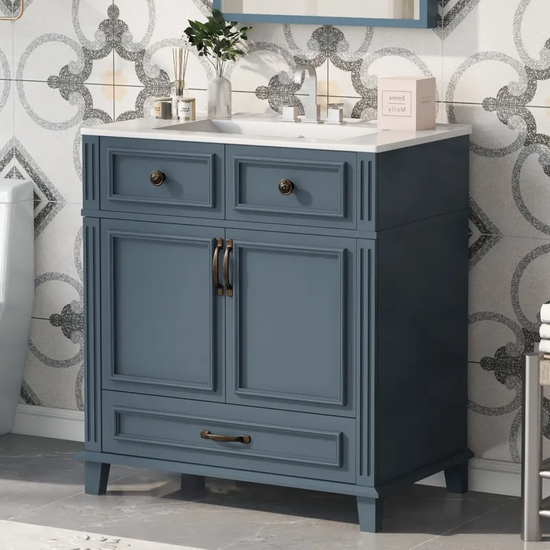 30 inch Blue-Gray Single Sink Bathroom Vanity with Bottom Drawer