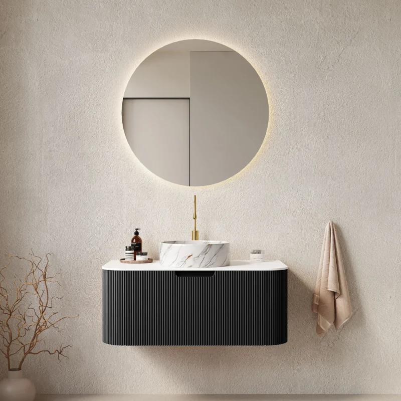 36 inch Black Bathroom Vanity with Stone Veined Vessel Sink