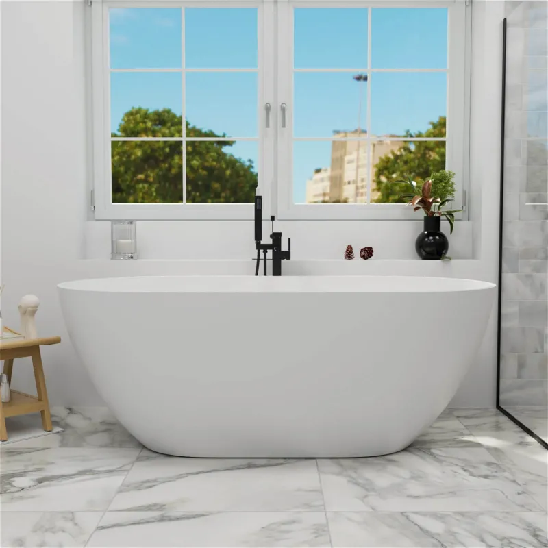 59" Modern Freestanding Bathtub, Solid Surface Stone Resin Oval Soaking Tub, Ergonomic Design
