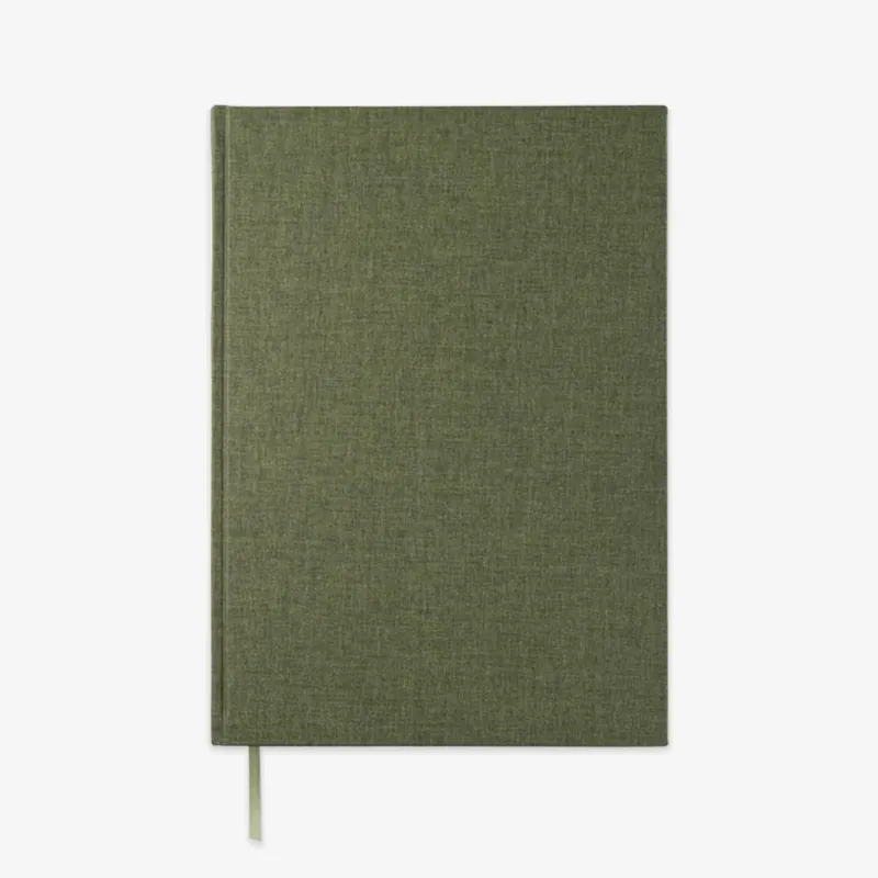 A hardcover notebook with a textured khaki linen cover and a matching ribbon bookmark, shown against a plain white background.