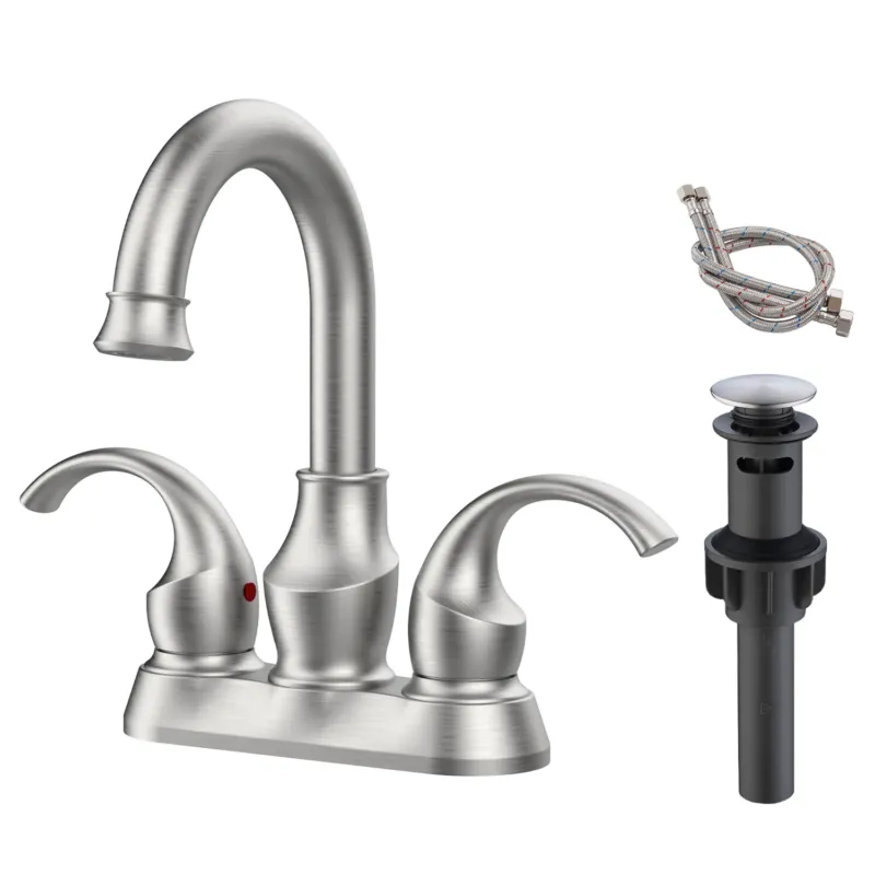 4 Inch Brushed Nickel 3 Hole Bathroom Sink Faucet with Pop-Up Drain and Supply Hoses