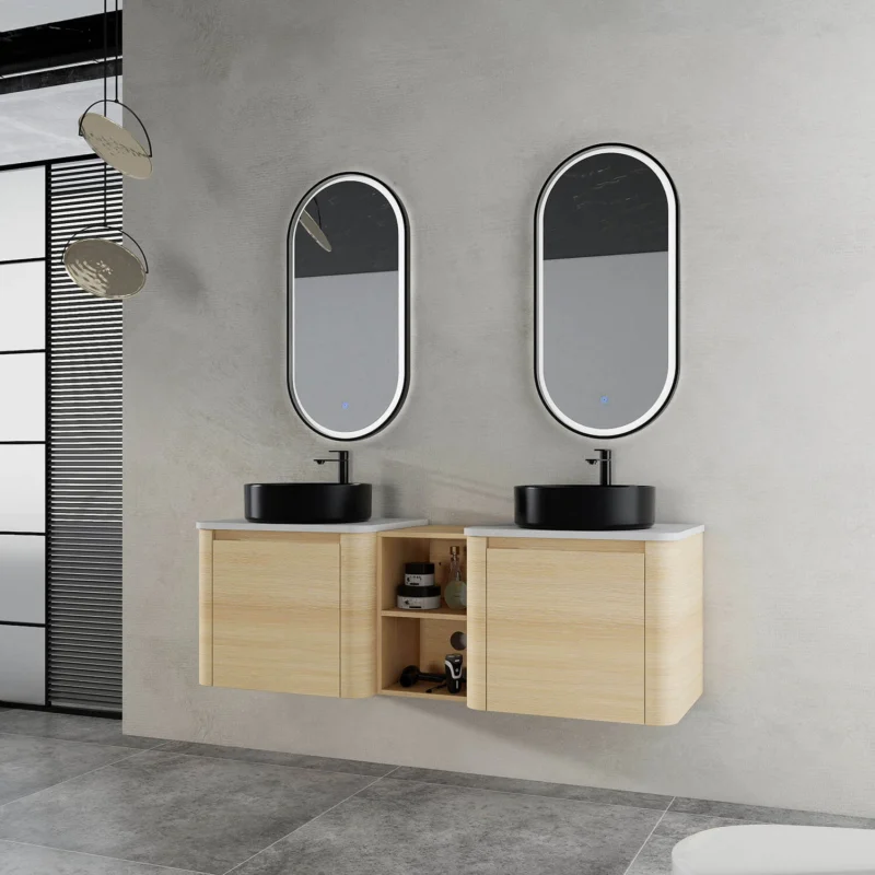 60 inch White Oak Bathroom Vanity-Double Black Ceramic Sink and Open Shelves