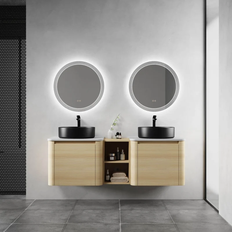 60 inch White Oak Bathroom Vanity with Double Black Ceramic Sink and Open Shelves