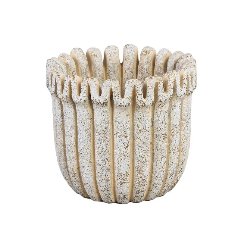 Blumentopf – Creme Farbe, Gerippte Linienstruktur, Zement Material, L – Raffay | PTMD