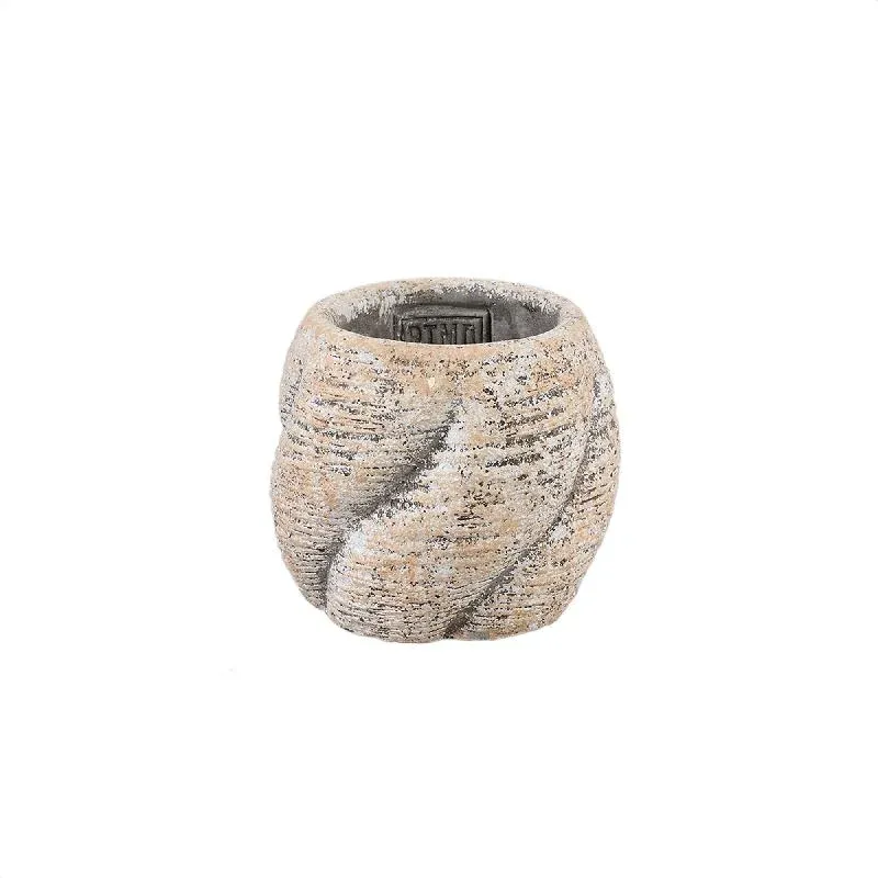 Blumentopf – Taupe Farbe, Wirbel Design, Zement Material, Niedrige Form, S – Evanthia | PTMD