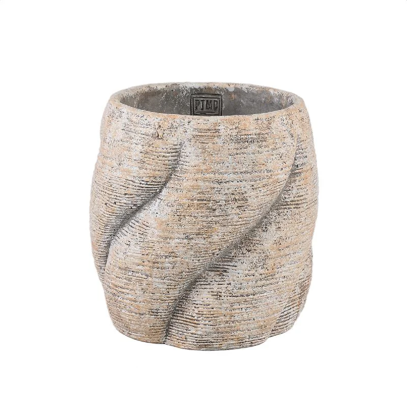 Blumentopf – Taupe Farbe, Wirbel Design, Zement Material, Runde Form, S – Evanthia | PTMD