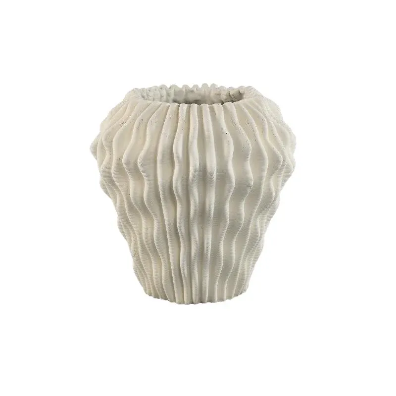 Vase – Weiße Farbe, Wellen Muster Design, Zement Material, L – Barren | PTMD