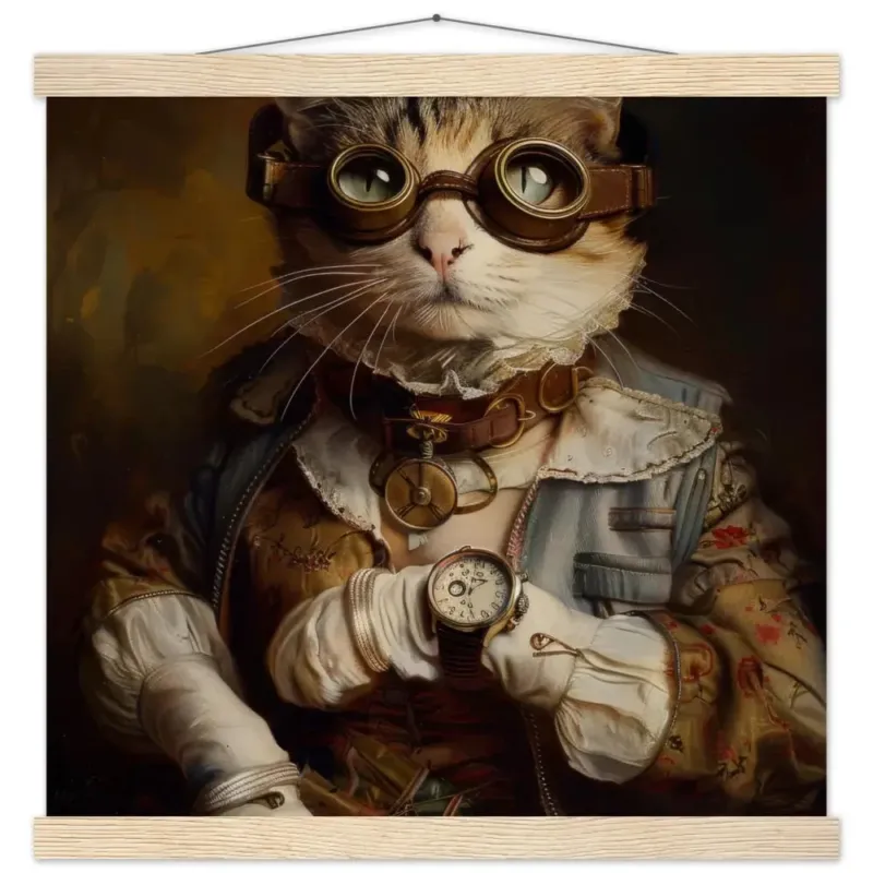 Schulposter - Steampunk-Vintage Ocicat Katzenmotiv, mattes FSC-Papier, magnetische Holzleisten | St Tropez Art