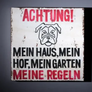 Wall Art Deko Holzschild "Achtung!.." im Vintage Look mit rotem Text, Bulldoggen-Motiv und schwarzer Schrift in Frontansicht.