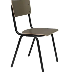 Stapelstuhl BACK TO SCHOOL MATTE OLIVE mit olivfarbener Sitzfläche und Rückenlehne, schwarzem Metallgestell in Gesamtansicht.