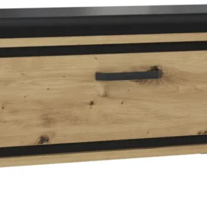 Garderobenbank TRONDHEIM mit Polster in Artisan Eiche und schwarzem Sitzkissen, Gesamtansicht mit ausziehbarer Schublade.