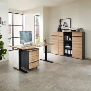 Büromöbel Set MEMPHIS VI 5-teilig mit Schreibtisch, Rollcontainer und Sideboard in Artisan Eiche und Graphit.