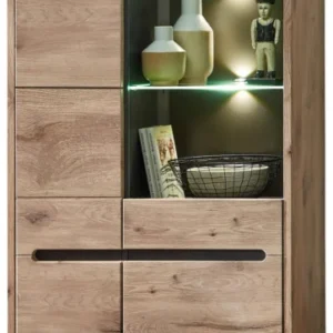 Vitrine BELLANO Viking Oak Nature mit offener Glasvitrine, LED-Beleuchtung und Schubladen, Gesamtansicht.