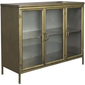 Vintage Metall Sideboard GERTLUSH von DutchBone in Gold mit drei Glastüren und Metallrahmen, Gesamtansicht.