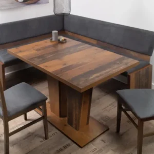 Eckbankgruppe NARDONE mit Eckbank in Grau, Holztisch in Old Wood Vintage und zwei Stühlen mit Kunstlederbezug, Gesamtansicht.
