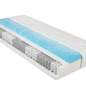 Royal Plus Top 26 cm: Detailansicht der Schichtstruktur mit blauem Gel-Topper und Federkern-Querschnitt.
