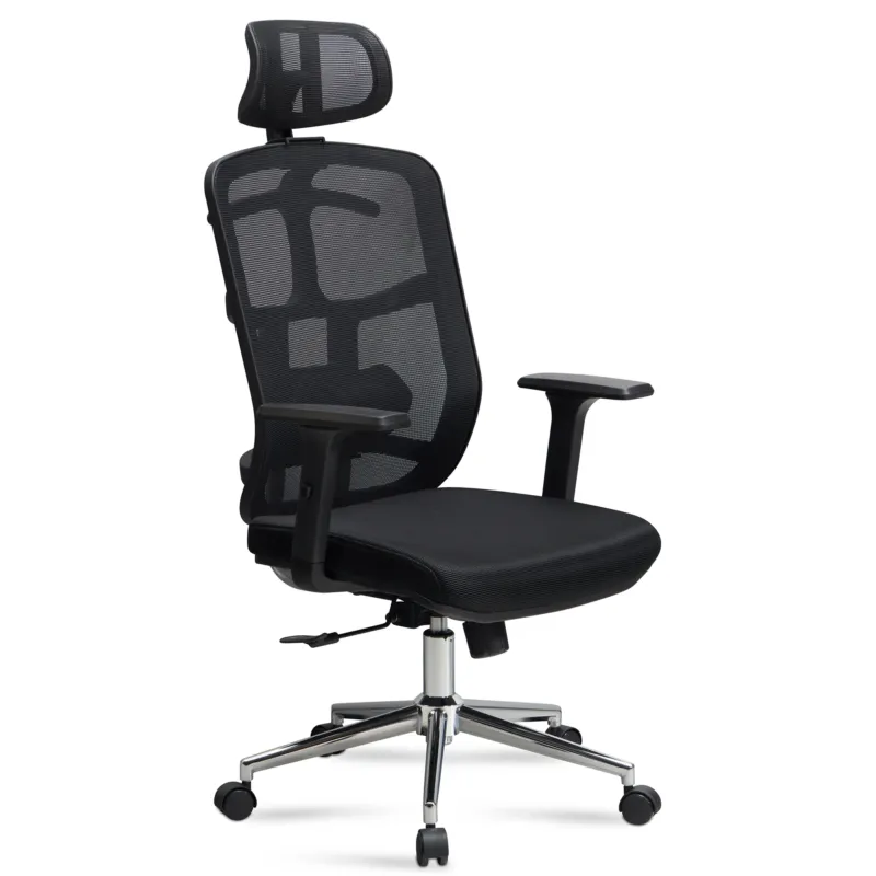 Bürostuhl Schwarz Mesh mit ergonomischer Mesh-Rückenlehne, gepolsterter Sitzfläche und Kopfstütze in Gesamtansicht.
