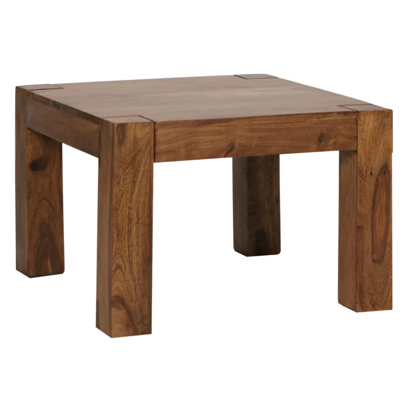 Couchtisch Sheesham Massivholz 60cm Landhausstil Dunkelbraun in Gesamtansicht mit massiven Holzbeinen.