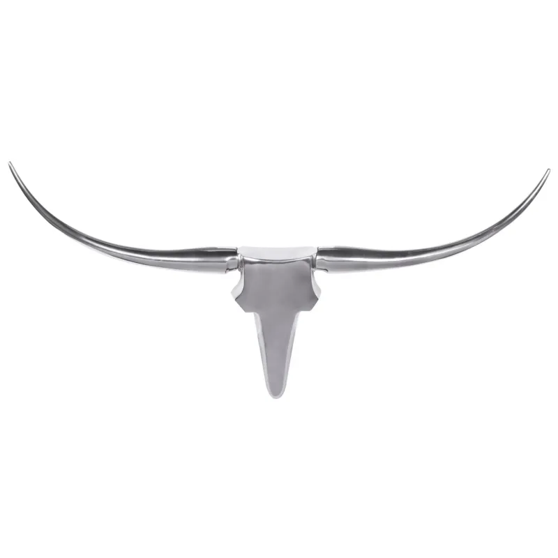 Deko Geweih Bull M Silber 100cm mit geschwungenen Metallhörnern und silbernem Stierkopf in Frontansicht.