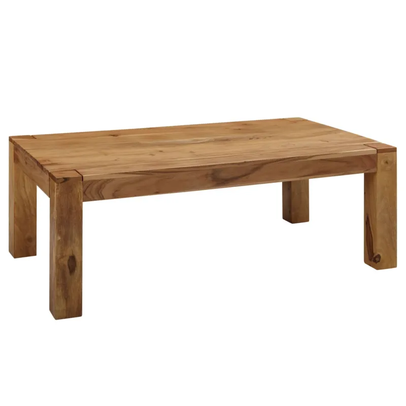 Couchtisch Mumbai 110cm aus Akazie mit massiven Holzbeinen in Gesamtansicht von vorne.