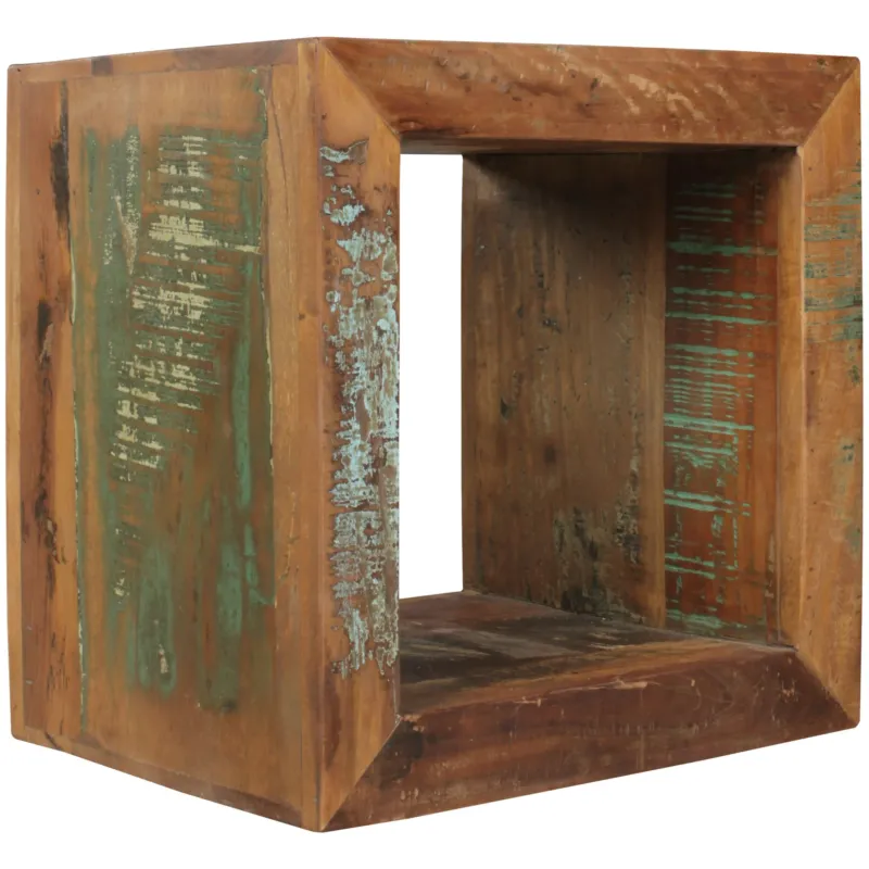 Beistelltisch Kalkutta, würfelförmiger Massivholz-Cube mit offener Front und sichtbarer Ablage in Braun.