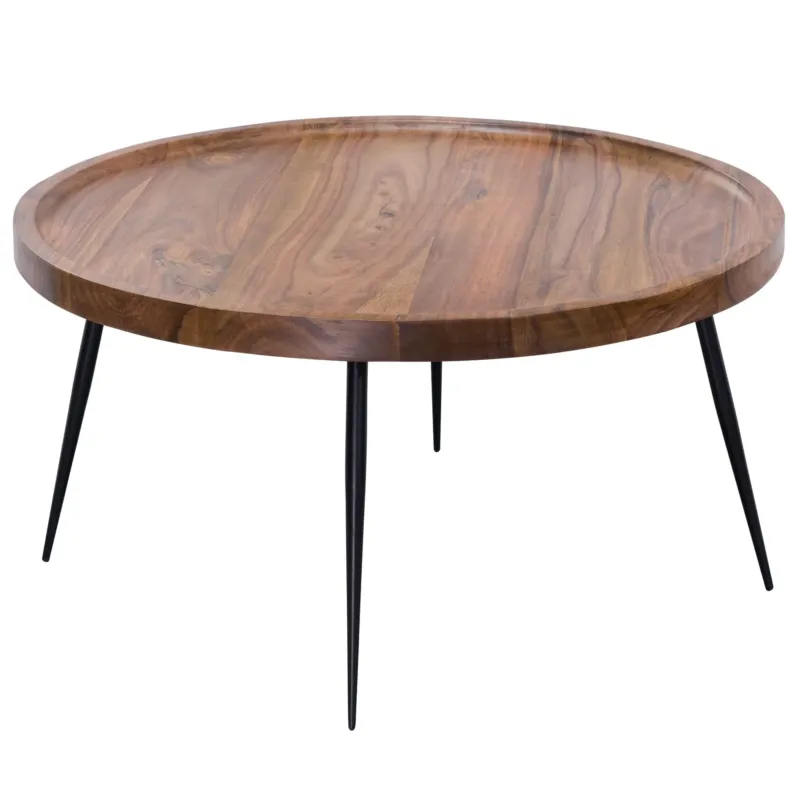 Couchtisch WL5.678 mit runder Sheesham-Massivholzplatte und vier schwarzen Metallbeinen in Gesamtansicht.