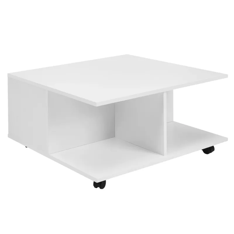Couchtisch 70x70cm Weiß in Gesamtansicht mit offenen Fächern, Schubladen und schwarzen Rollen.