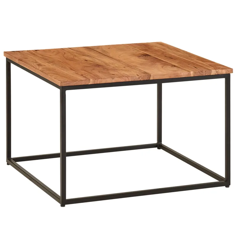 Couchtisch 60x60x41cm Massivholz Akazie Metall Industrial in Gesamtansicht mit Akazie-Platte und schwarzem Metall-Gestell.