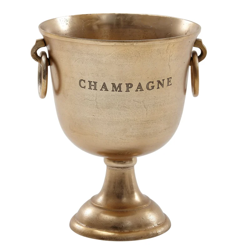 Champagnerkühler Gold Aluminium mit Fuß und seitlichen Henkeln, Frontansicht mit „CHAMPAGNE"-Schriftzug.