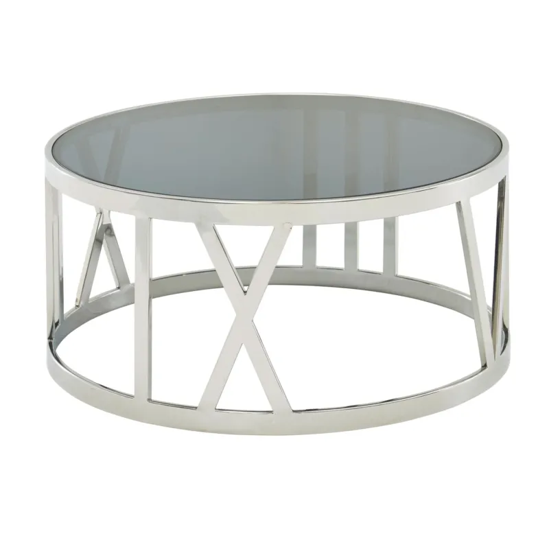 Runder Couchtisch Glas Metall mit Glasplatte und silbernem Metallgestell im X-Design, Gesamtansicht.