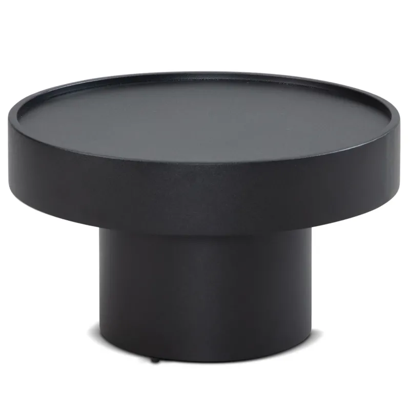 Runder Couchtisch Rund Metall Schwarz mit schwarzem Metallgestell und zylindrischer Säule, Gesamtansicht.