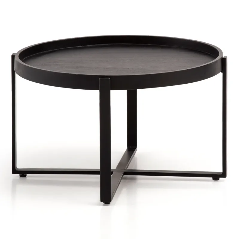 Couchtisch 60x60x35cm Mango Massivholz mit gekreuztem Metallgestell in Schwarz, Gesamtansicht.
