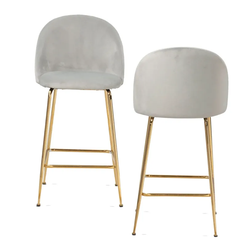 Barhocker 2er Set Samt Grau mit Lehne, Gesamtansicht von vorne mit grauem Samtbezug und Goldbeine.