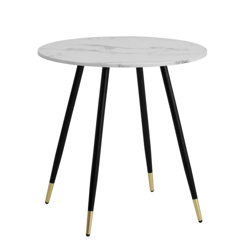 Runder Esszimmertisch 75x75x76cm mit weißer Marmorplatte und schwarzen Metallbeinen mit goldfarbenen Füßen, Gesamtansicht.