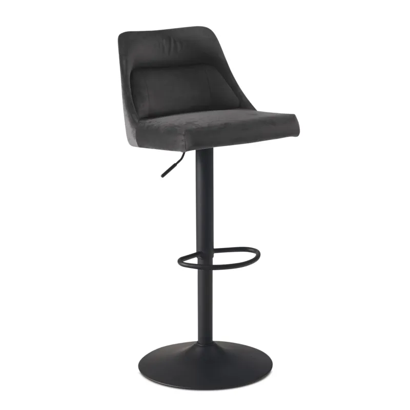 Barhocker Samt Grau höhenverstellbar 86-106cm mit grauem Samtbezug und schwarzem Metallfuß in Gesamtansicht.
