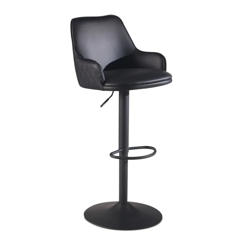 Barhocker Kunstleder Schwarz höhenverstellbar mit geschwungener Rückenlehne und Metallfuß in Gesamtansicht.