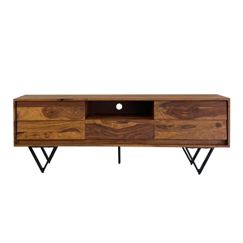 TV Lowboard Sheesham 160cm Gesamtansicht mit Sheesham-Holzfront und schwarzen V-förmigen Metallfüßen.