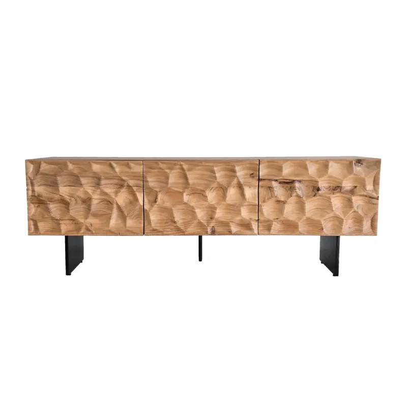 Lowboard Akazie Massiv 160cm TV-Kommode mit strukturierter 3D-Oberflächenoptik und schwarzen Metallbeinen in Gesamtansicht.