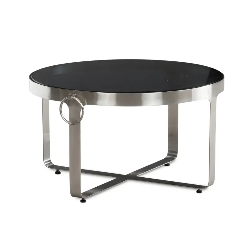 Runder Couchtisch mit schwarzer Glasplatte und silbernem Metallgestell in Gesamtansicht von vorne.