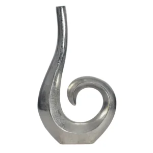 Silberne Aluminium-Vase mit spiralförmig geschwungenem Design in Gesamtansicht von vorne.