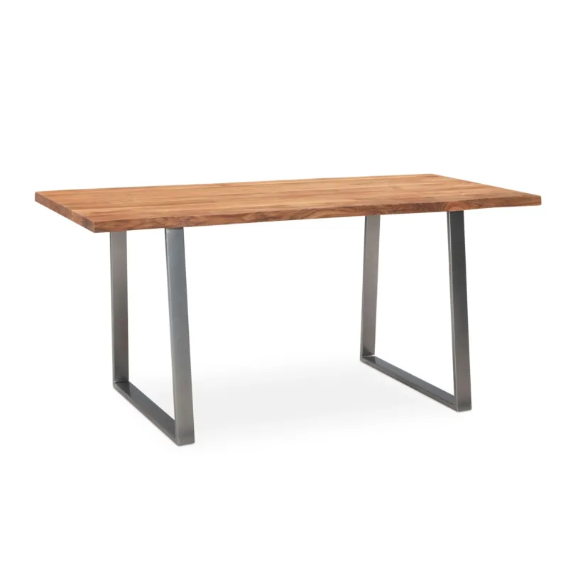 Esstisch 140x80 Akazie Massivholz Baumkante Trapezbeine Chrom in Gesamtansicht von vorne mit Holzplatte und Metallgestell.