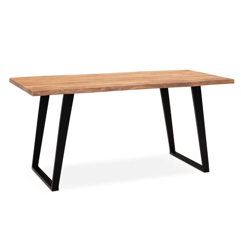 Esstisch 140x80 Akazie Massivholz mit Baumkante und schwarzem Metall U-Gestell, Gesamtansicht vorne.
