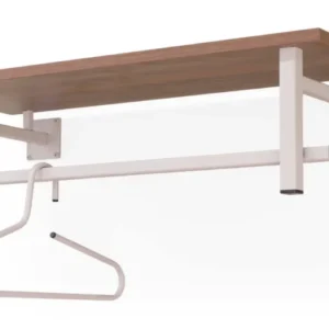 Wandgarderobe SIMPLON mit Holzablage, Stahlrohr-Gestell in Taupe und integrierten Kleiderhaken, Gesamtansicht.