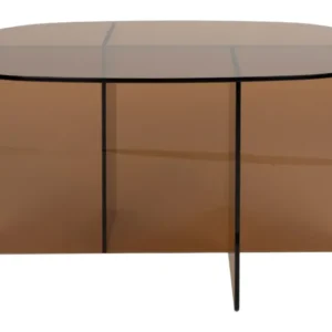 Couchtisch Linea Brown mit ovaler Glastischplatte und braunem Glasgestell in Gesamtansicht.