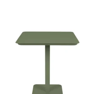 Bistrotisch Vondel 71x71 cm Grün in Gesamtansicht mit quadratischer Aluminium-Tischplatte und zentralem Säulengestell.